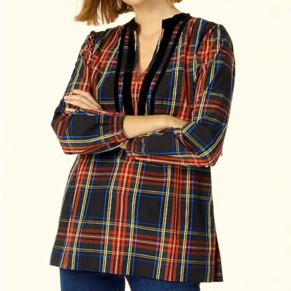 J. Crew Tartan Plaid Velvet Trim VNeck Side Slit Tunic Blouse Top